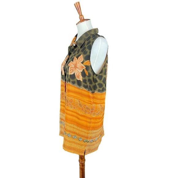 Marla Kim Olive Green & Rust Top Women Size Large Sleeveless Button Down Vintage - Picture 9 of 11